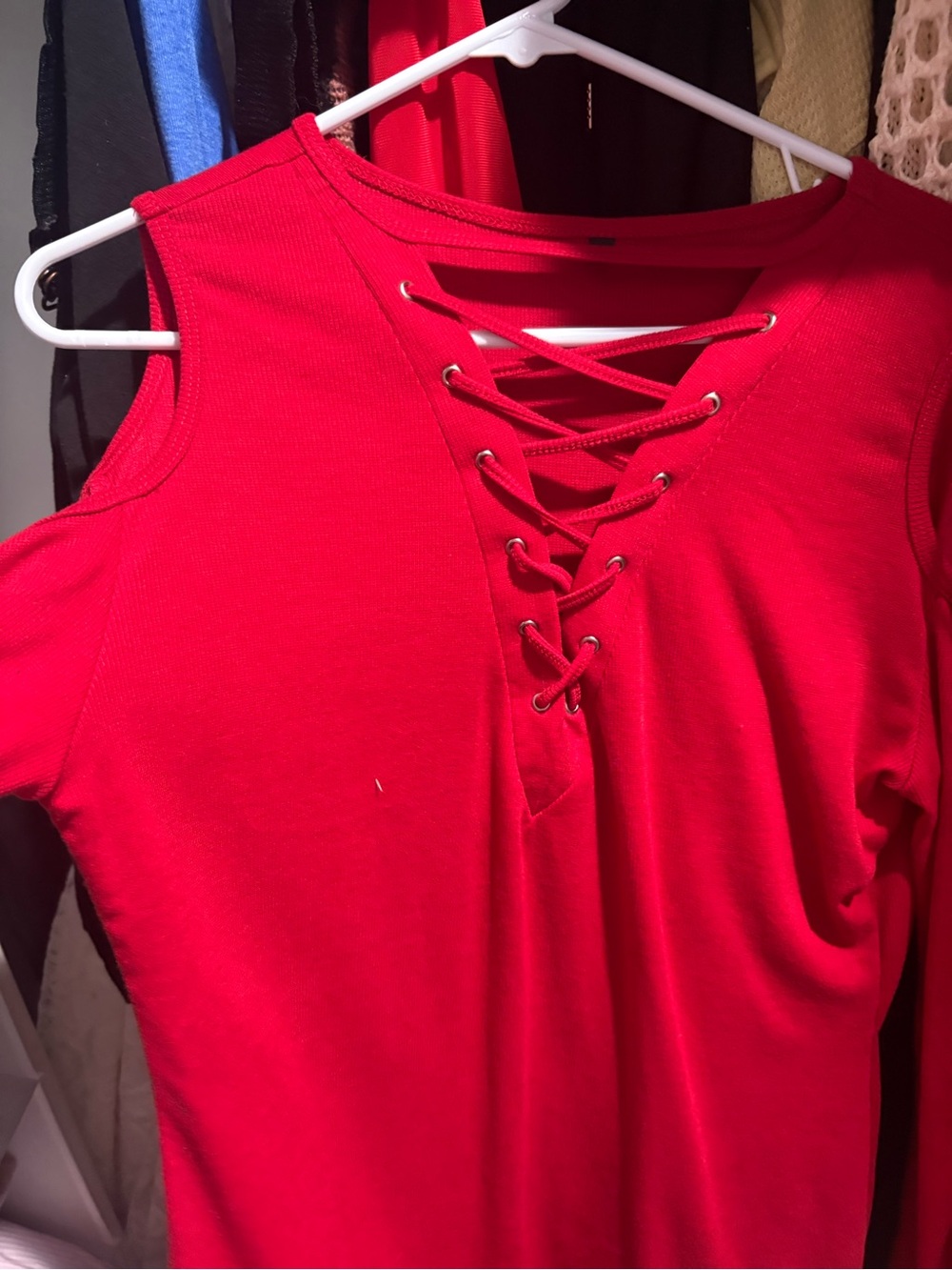 Lace-Up Cold-Shoulder long Sleeve Top in Red